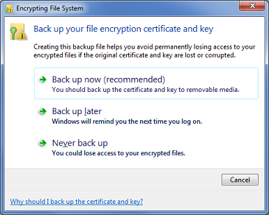 Windows 7 "Encrypting File System" dialog