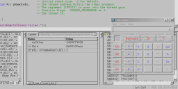 Close-up of an alpha-blended Windows Calculator floating over the Visual C++ output pane